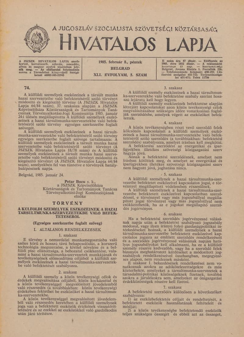 A Jugoszláv Szocialista Szövetségi Köztársaság Hivatalos Lapja, 41. évf. 1985. február 8. 5. sz. 177–220. oldal