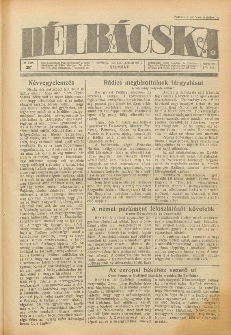 Délbácska, 5. évf. 1924. szeptember 6. 207. sz.