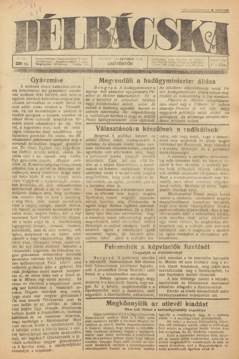 Délbácska, 4. évf. 1923. október 4. 228. sz.