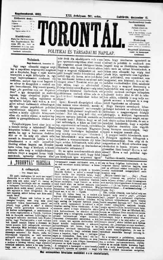 Torontál, 21. évf. 1892. december 15. 267. sz.