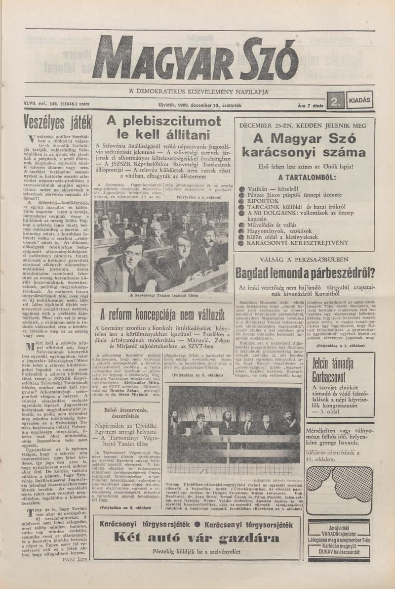Magyar Szó, 47. évf. 1990. december 20. 348. sz. 1–20. oldal