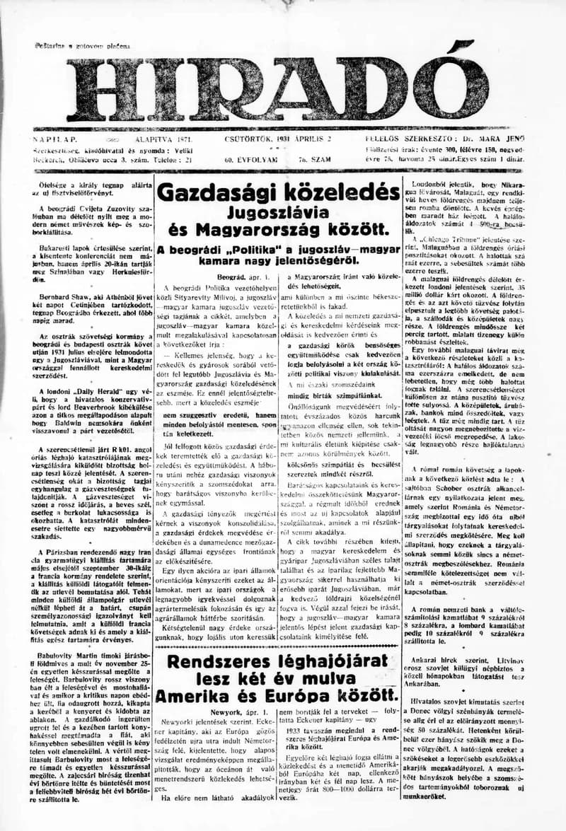 Híradó, 60. évf. 1931. április 2. 76. sz.