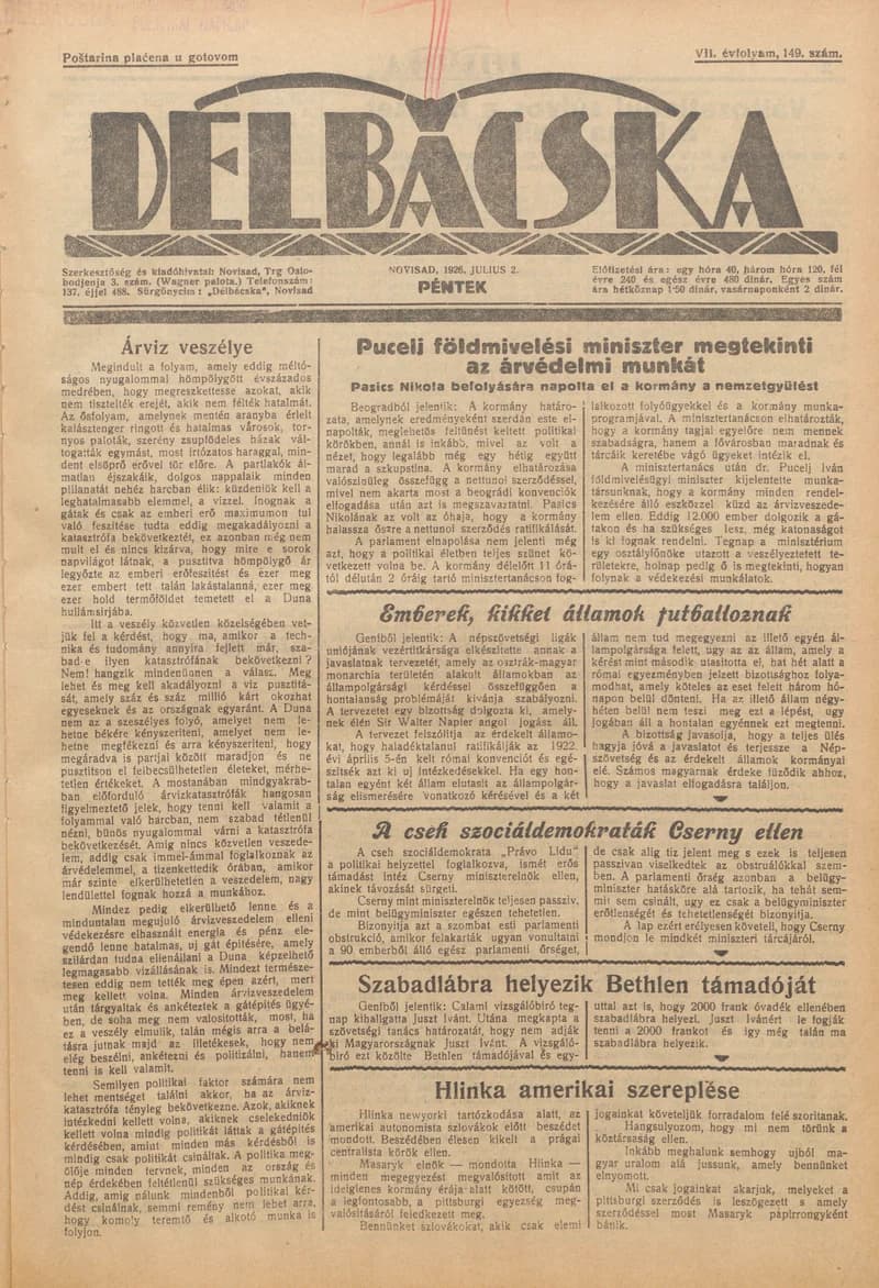 Délbácska, 7. évf. 1926. július 2. 149. sz.
