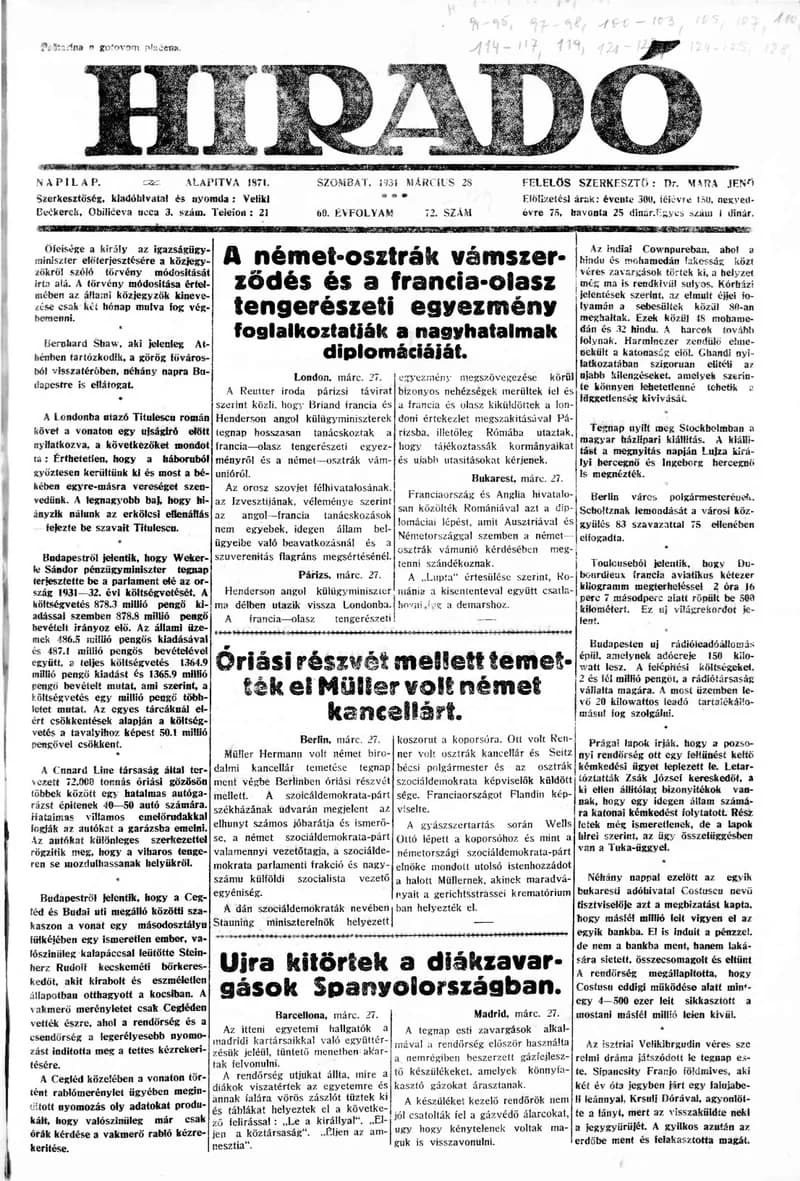 Híradó, 60. évf. 1931. március 28. 72. sz.