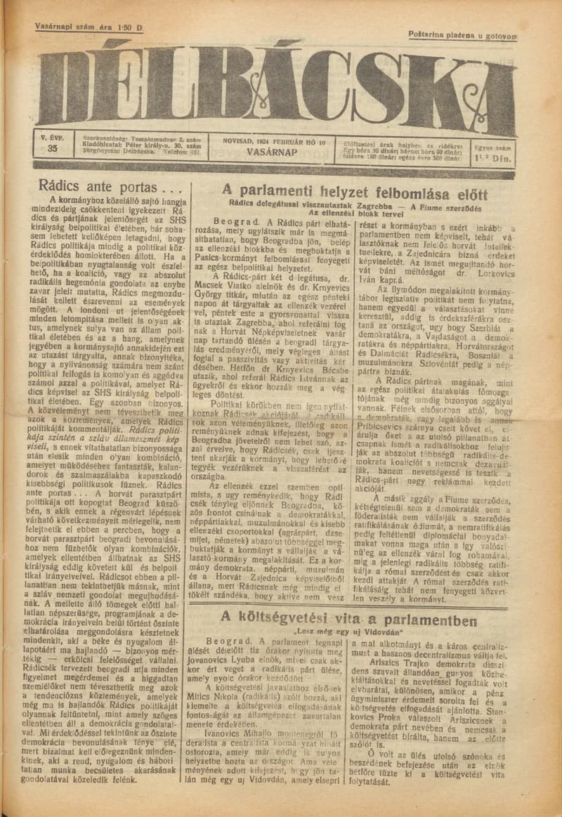 Délbácska, 5. évf. 1924. február 10. 35. sz.