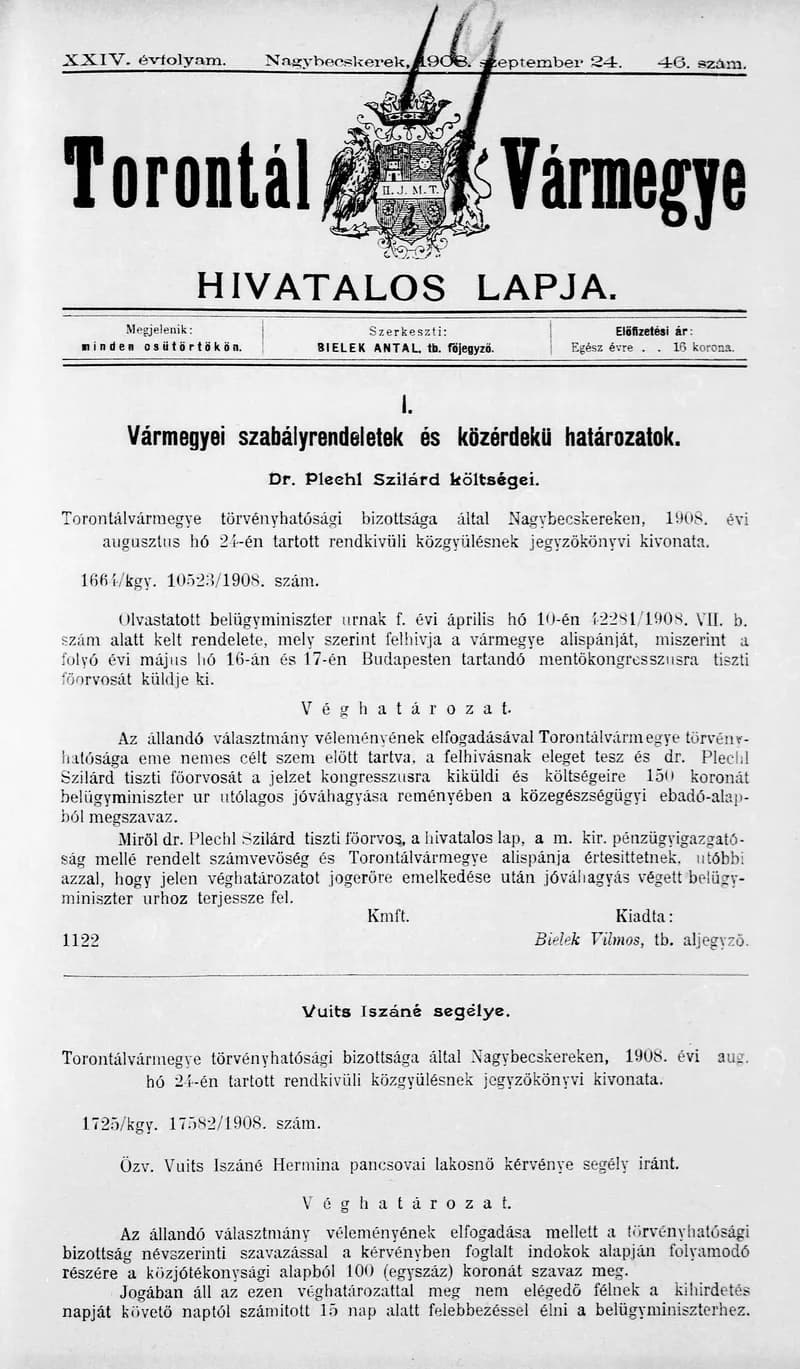 Torontál Vármegye Hivatalos Lapja, 24. évf. 1908. szeptember 24. 46. sz.