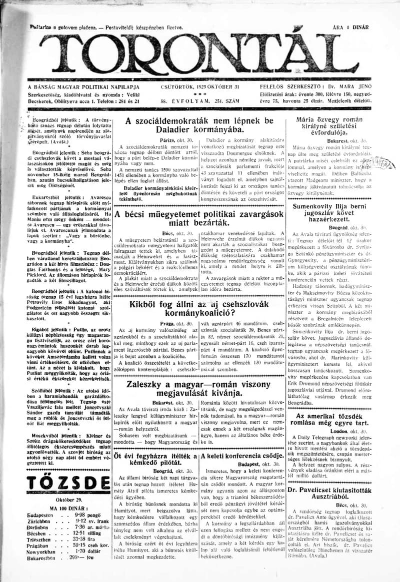 Torontál, 58. évf. 1929. október 31. 251. sz.