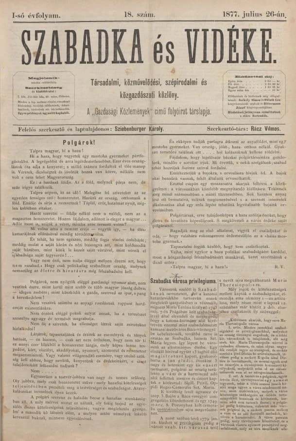 Szabadka és vidéke, 1. évf. 1877. július 26. 18. sz.