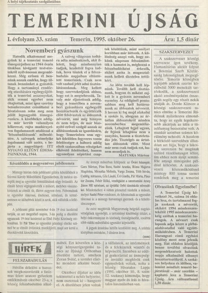 Temerini Újság, 1. évf. 1995. október 26. 33. sz.