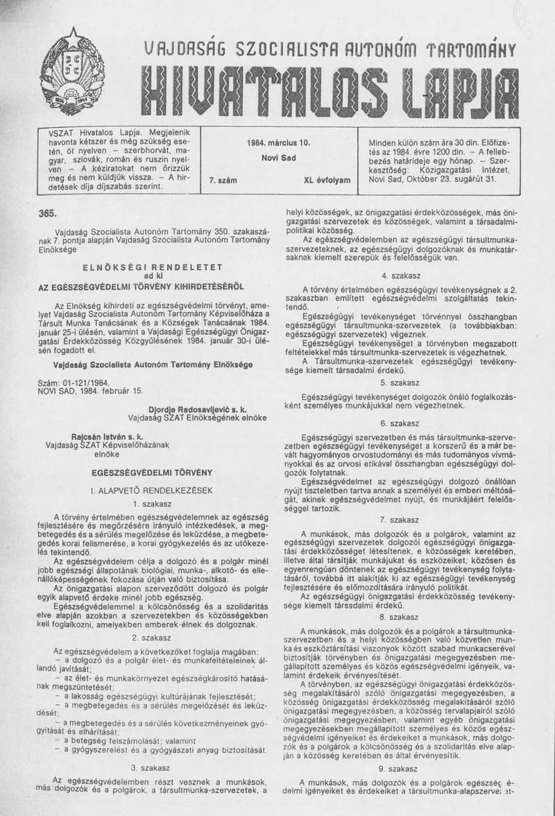 Vajdaság Szocialista Autonóm Tartomány Hivatalos Lapja, 40. évf. 1984. március 10. 7. sz.