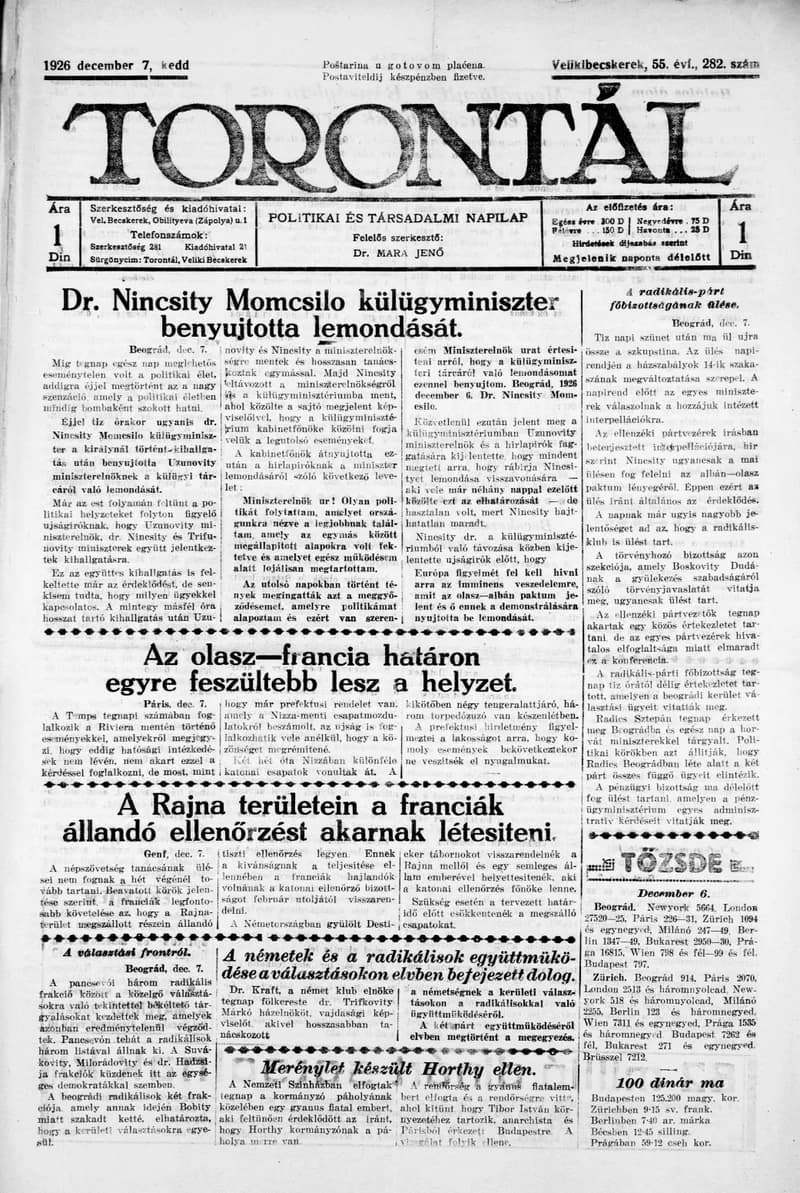 Torontál, 55. évf. 1926. december 7. 282. sz.