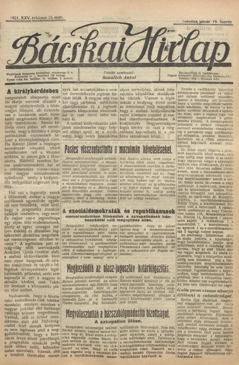 Bácskai Hirlap, 25. évf. 1921. január 19. 15. sz.