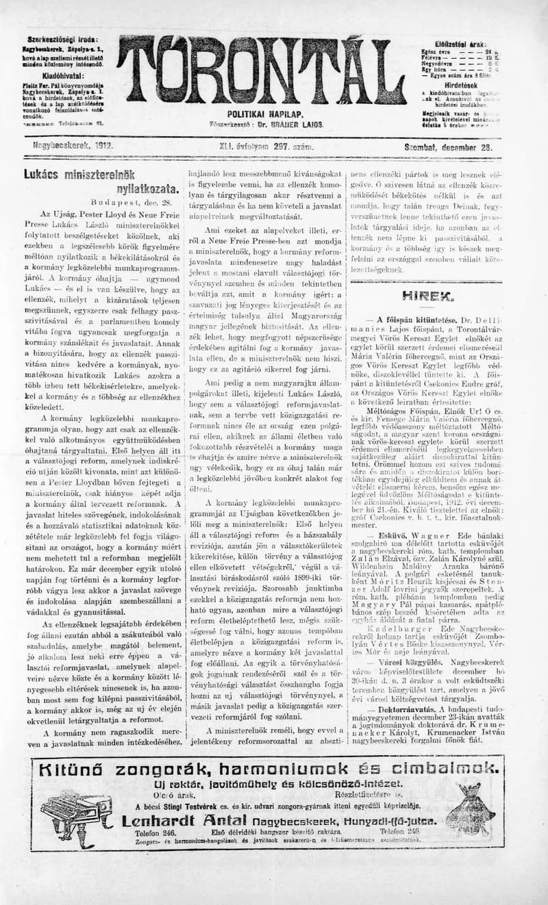 Torontál, 41. évf. 1912. december 28. 297. sz.