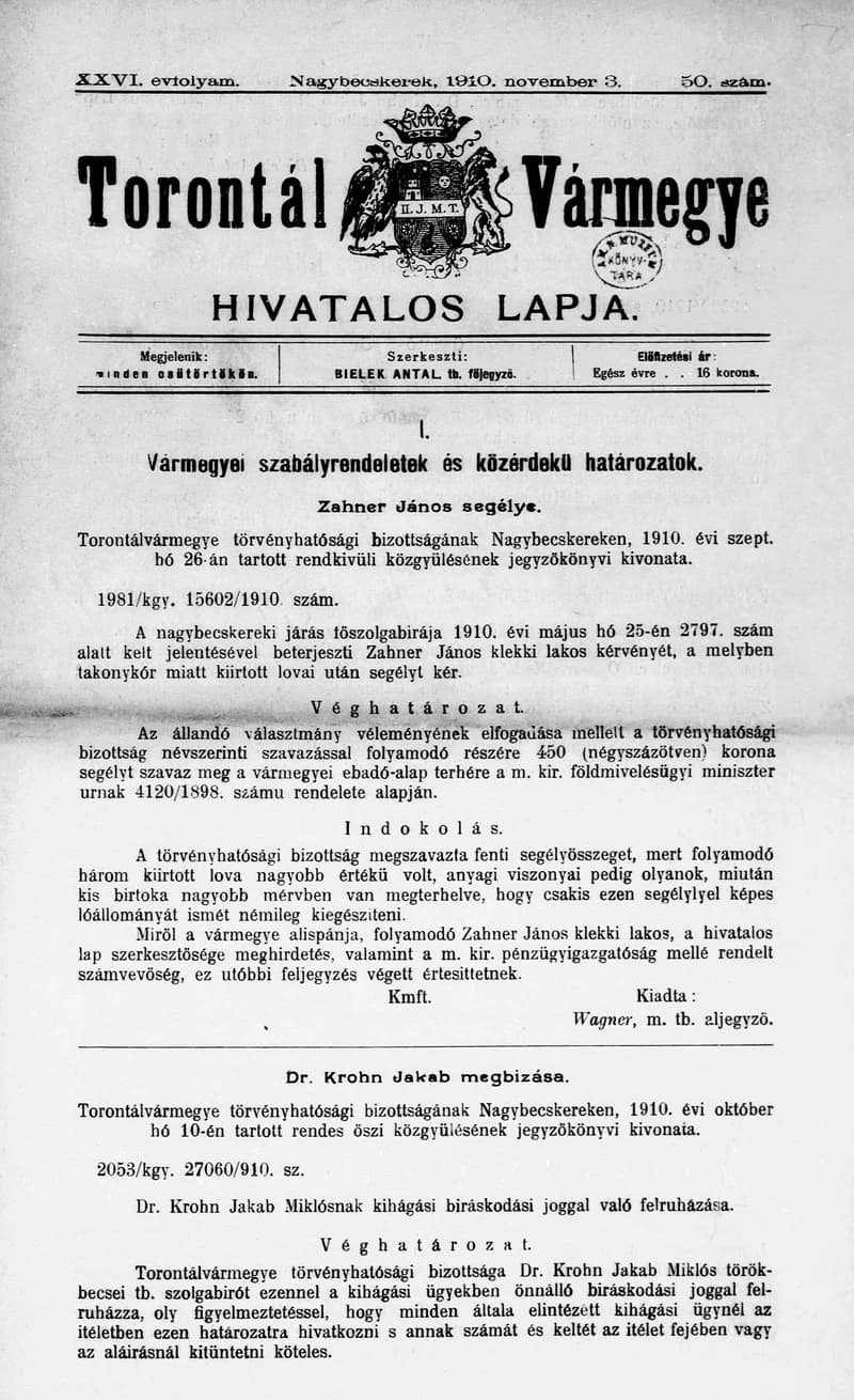 Torontál Vármegye Hivatalos Lapja, 26. évf. 1910. november 3. 50. sz.