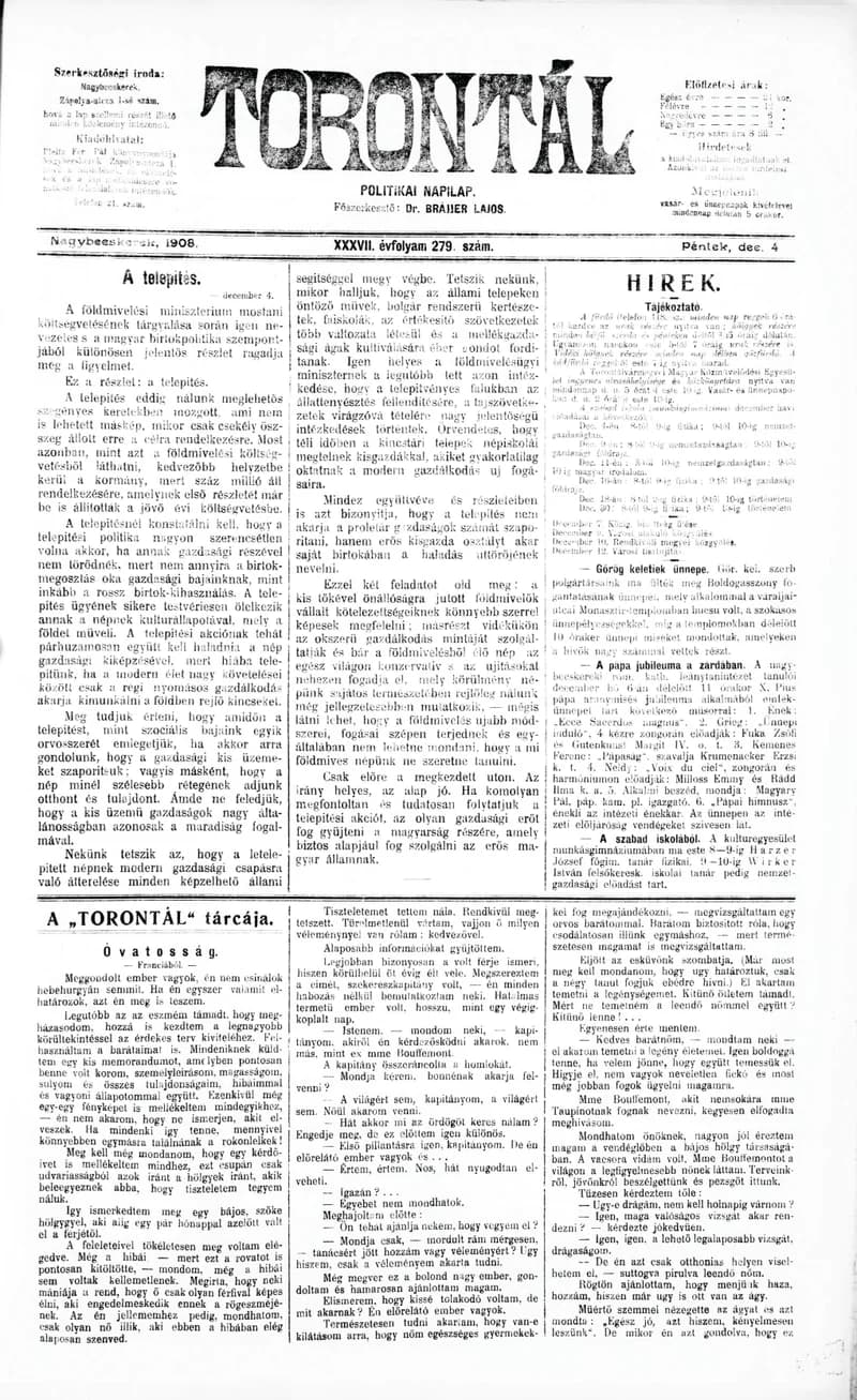 Torontál, 37. évf. 1908. december 4. 279. sz.