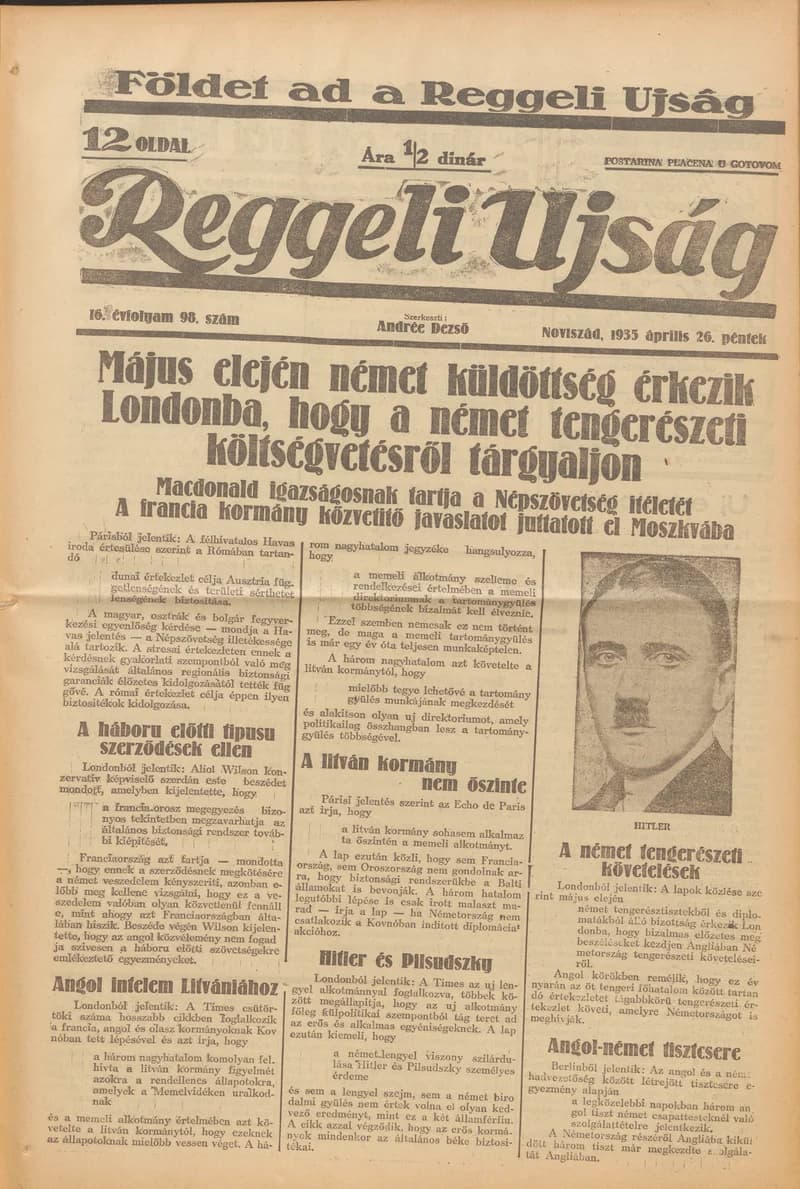 Reggeli Újság, 16. évf. 1935. április 26. 98. sz.