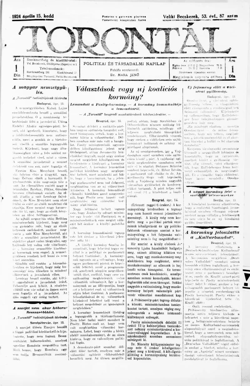 Torontál, 53. évf. 1924. április 15. 87. sz.