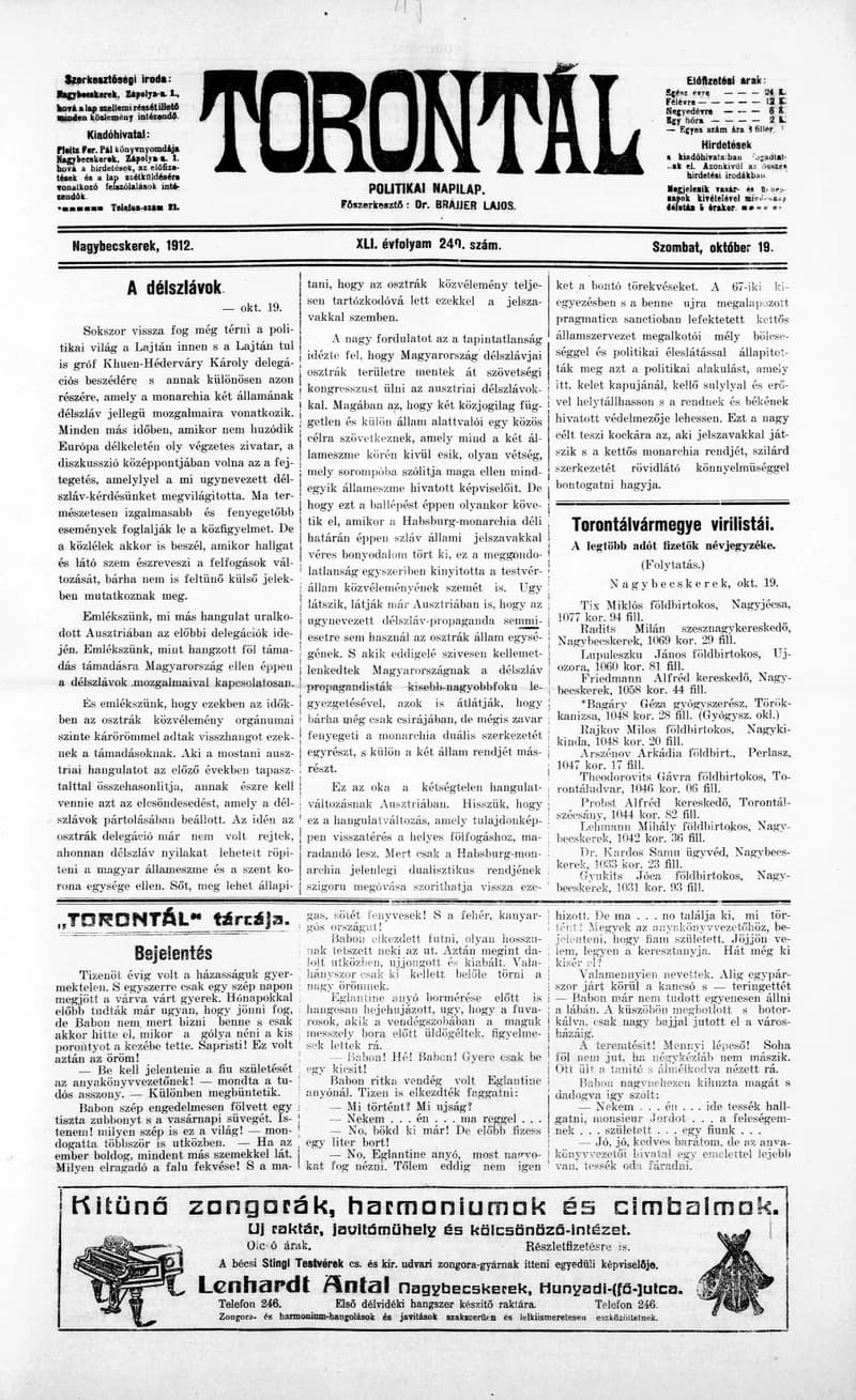 Torontál, 41. évf. 1912. október 19. 240. sz.