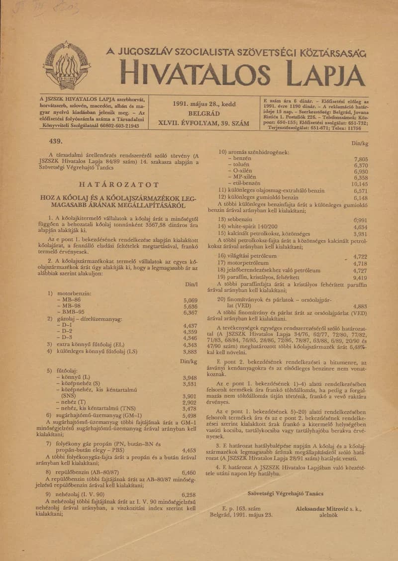A Jugoszláv Szocialista Szövetségi Köztársaság Hivatalos Lapja, 47. évf. 1991. május 28. 39. sz. 629–632. oldal