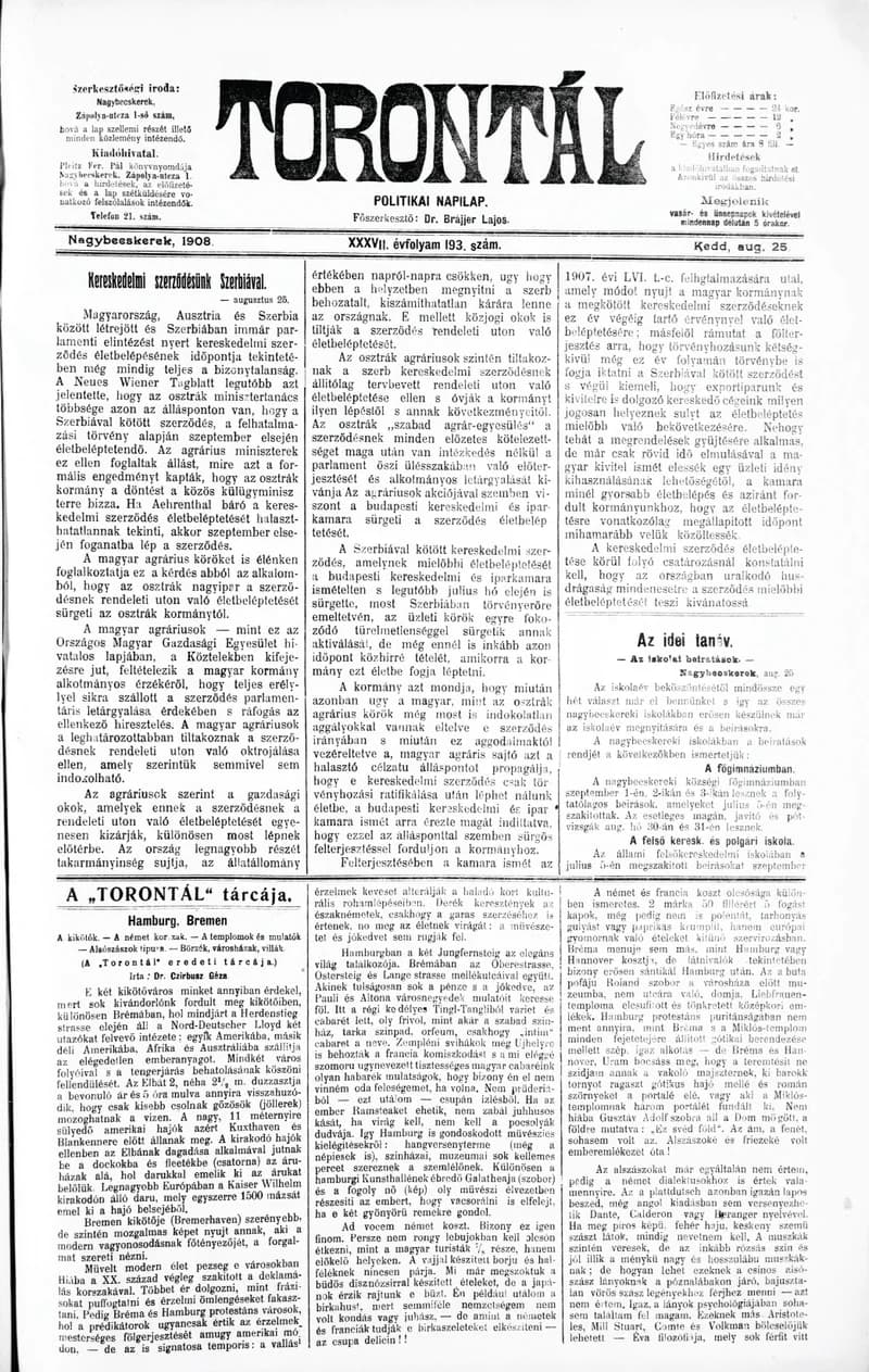 Torontál, 37. évf. 1908. augusztus 25. 193. sz.