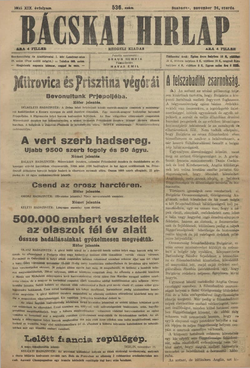 Bácskai Hirlap, 19. évf. 1915. november 24. 536. sz.