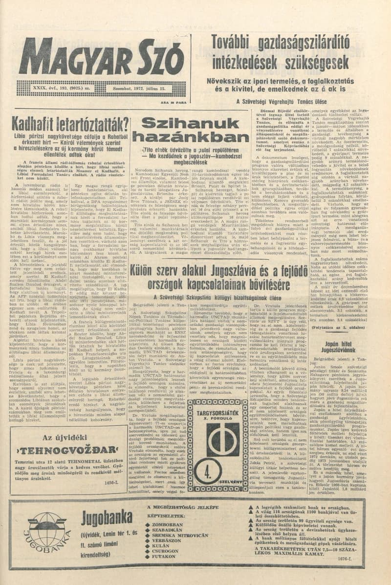 Magyar Szó, 29. évf. 1972. július 15. 193. sz. 1–16. oldal