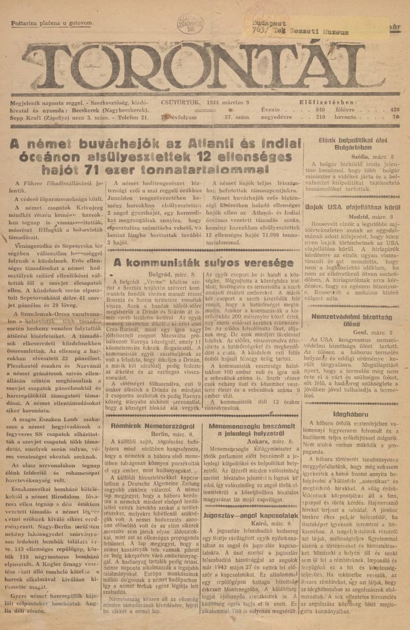 Torontál, 73. évf. 1944. március 9. 57. sz.