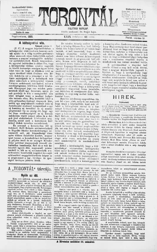 Torontál, 29. évf. 1900. március 16. 62. sz.