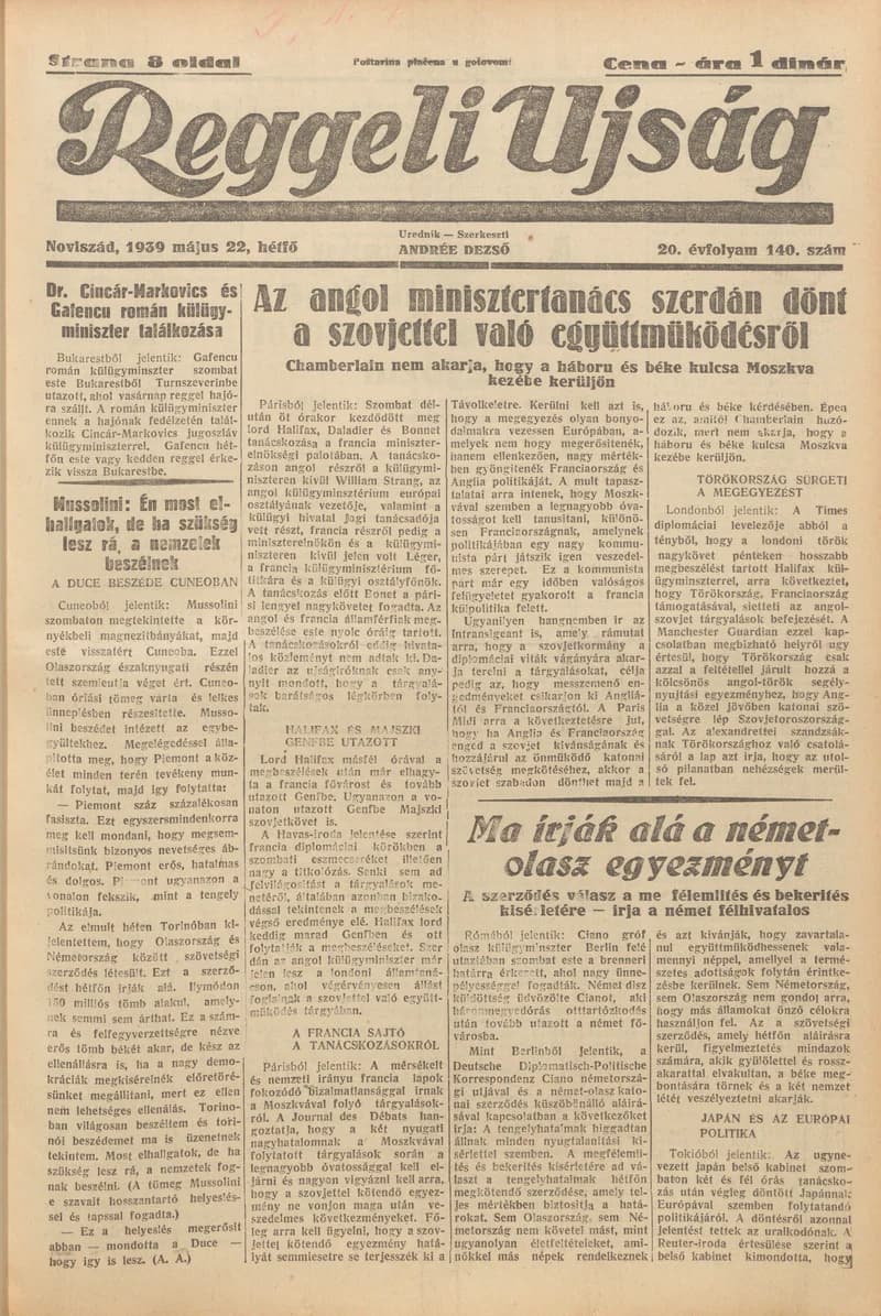 Reggeli Újság, 20. évf. 1939. május 22. 140. sz.