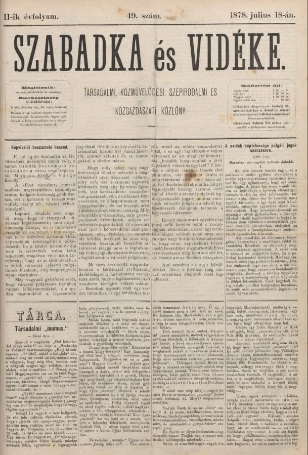 Szabadka és vidéke, 2. évf. 1878. július 18. 49. sz.