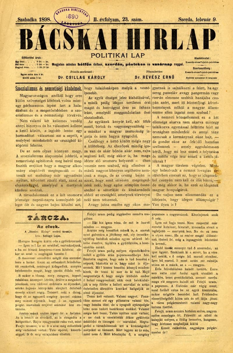Bácskai Hirlap, 2. évf. 1898. február 9. 23. sz. 1–4. oldal