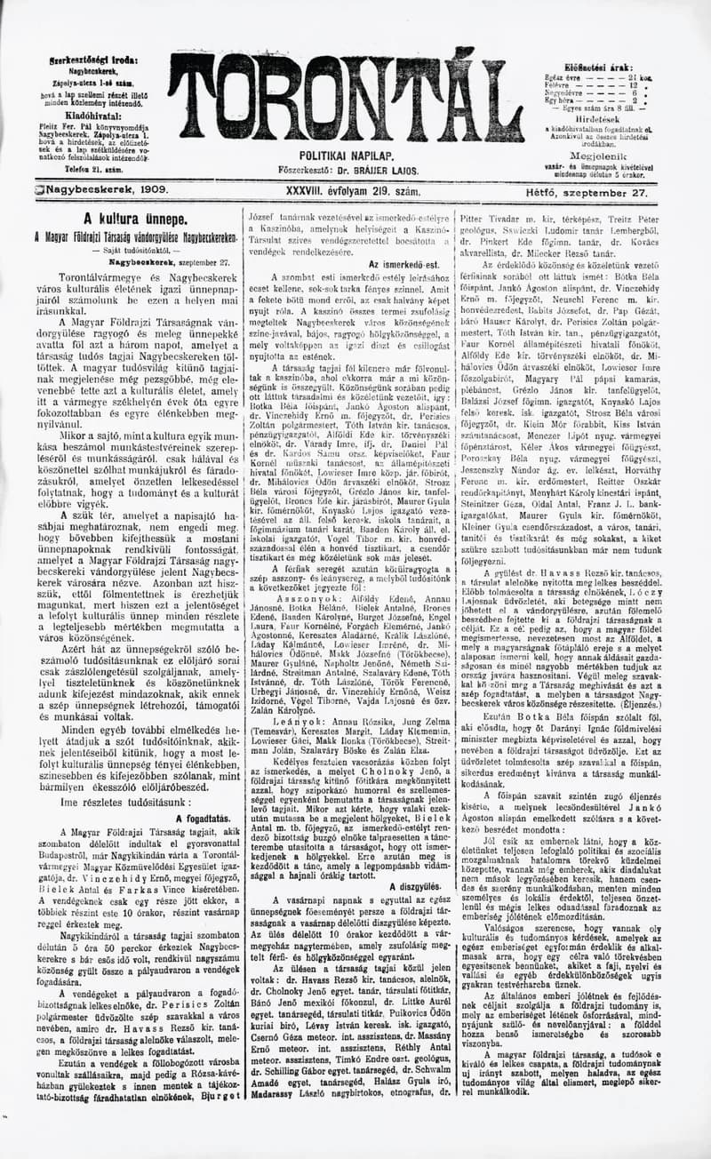 Torontál, 38. évf. 1909. szeptember 27. 219. sz.