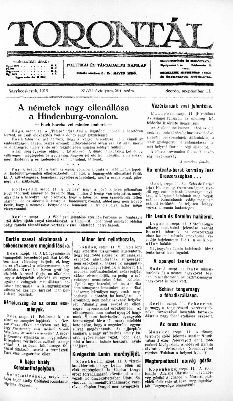 Torontál, 47. évf. 1918. szeptember 11. 207. sz.