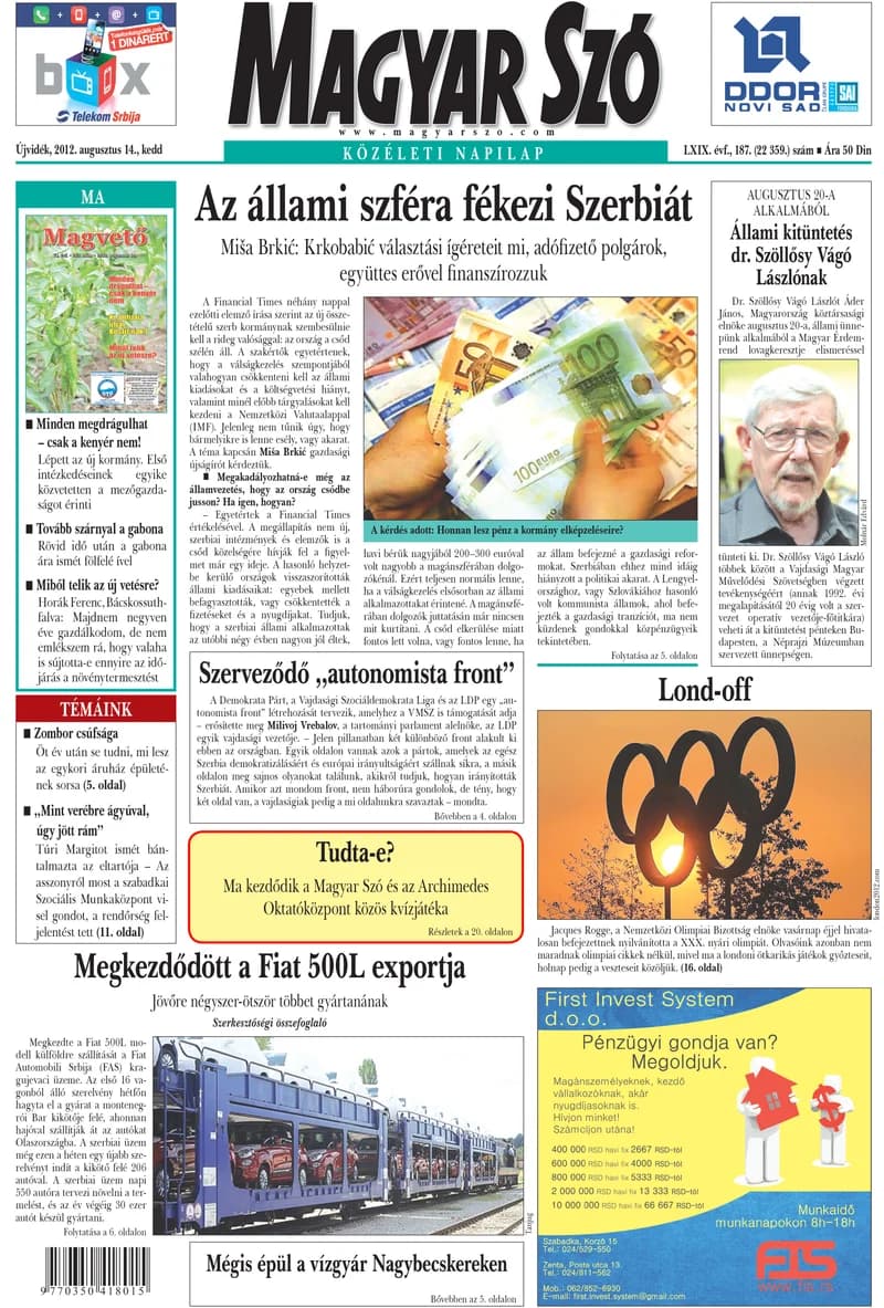 Magyar Szó, 69. évf. 2012. augusztus 14. 187. sz. 1–20. oldal
