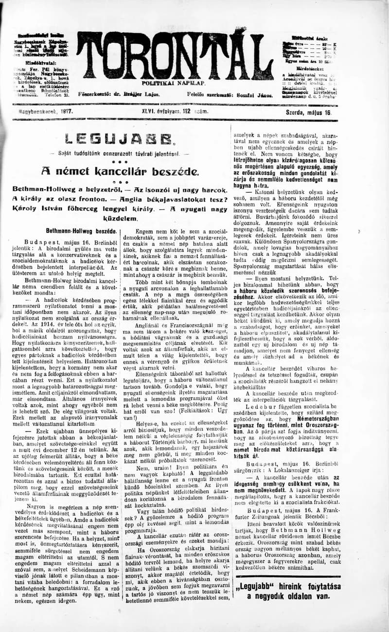 Torontál, 46. évf. 1917. május 16. 112. sz.
