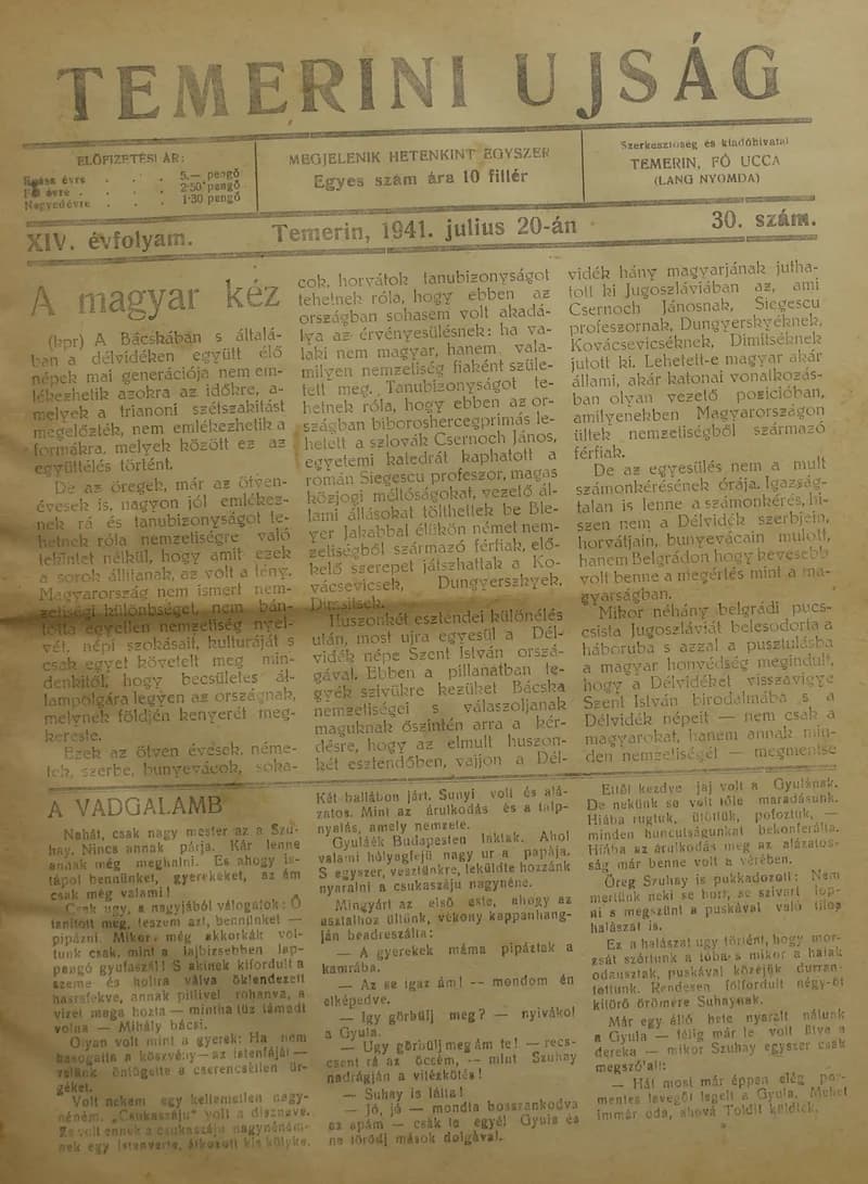 Temerini Újság 1928-1944, 14. évf. 1941. július 20. 30. sz.