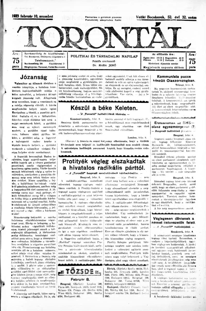 Torontál, 52. évf. 1923. február 10. 32. sz.