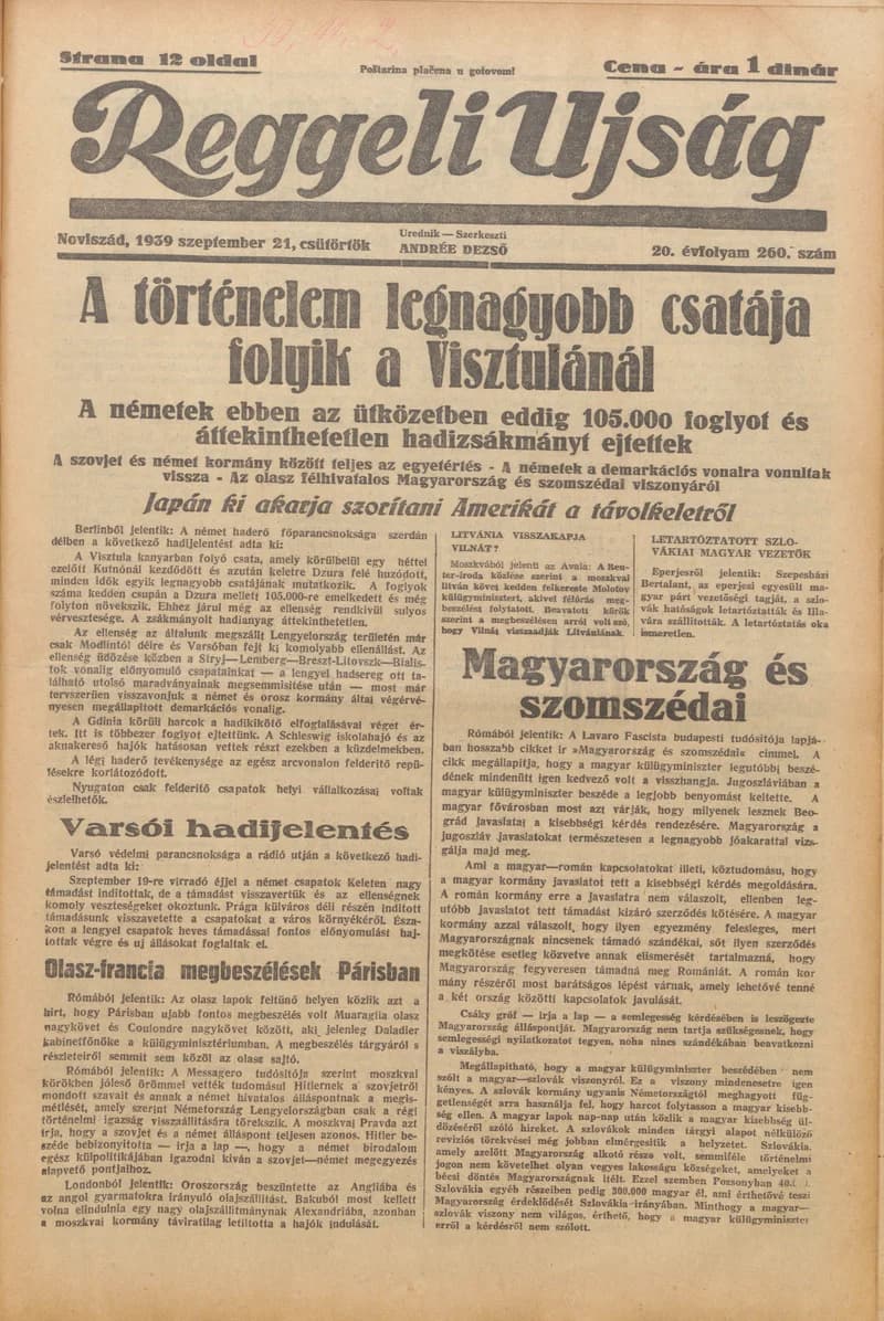 Reggeli Újság, 20. évf. 1939. szeptember 21. 260. sz.