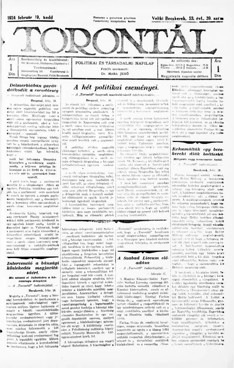 Torontál, 53. évf. 1924. február 19. 39. sz.