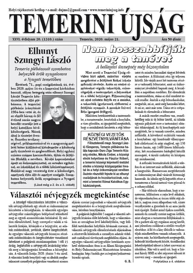 Temerini Újság, 26. évf. 2020. május 21. 20. sz.