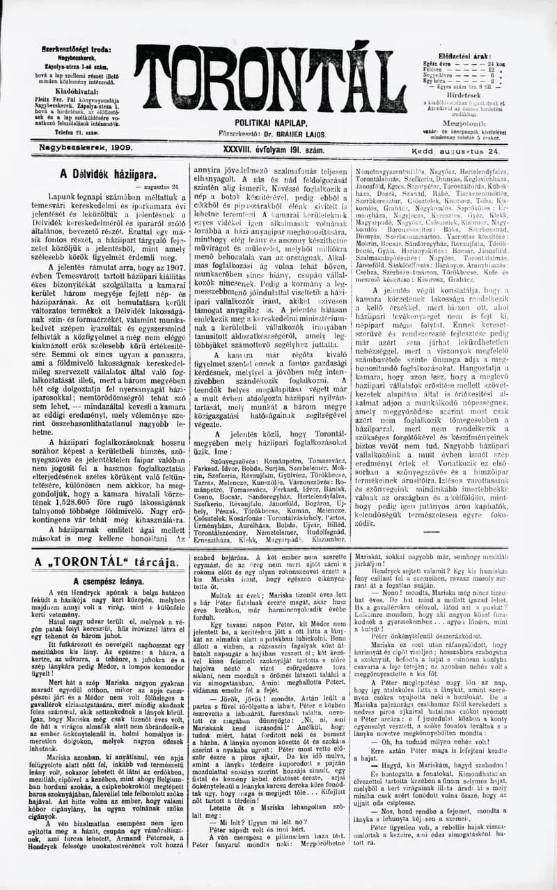 Torontál, 38. évf. 1909. augusztus 24. 191. sz.