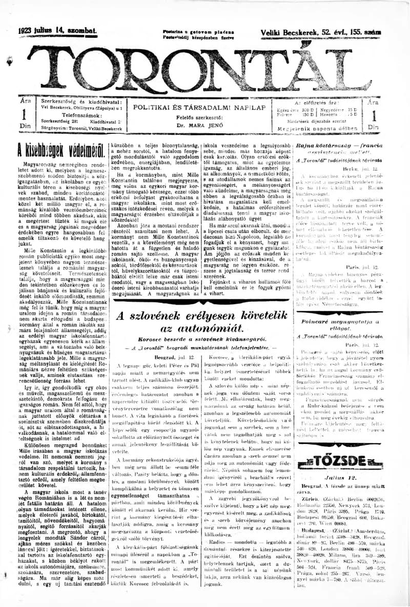 Torontál, 52. évf. 1923. július 14. 155. sz.