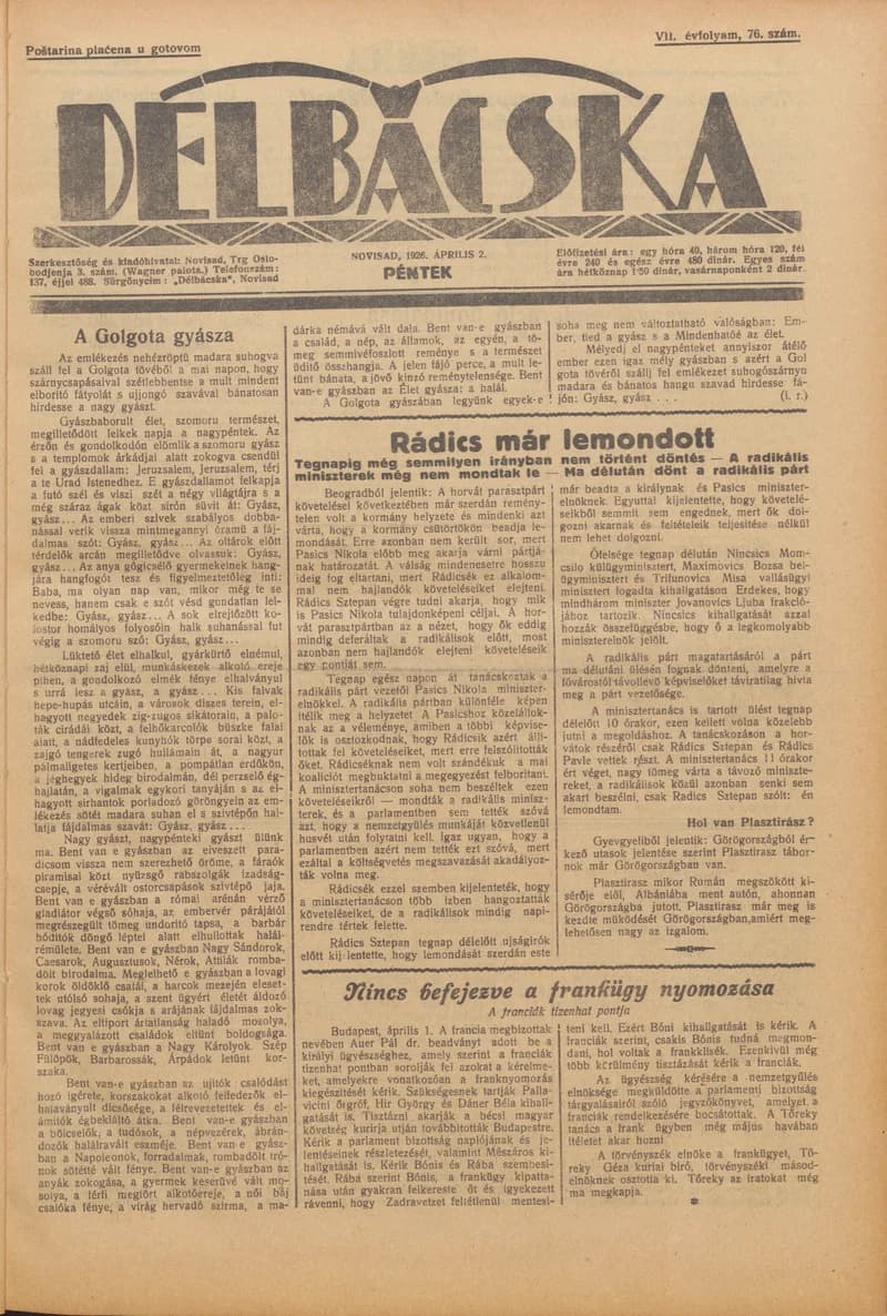 Délbácska, 7. évf. 1926. április 2. 76. sz.