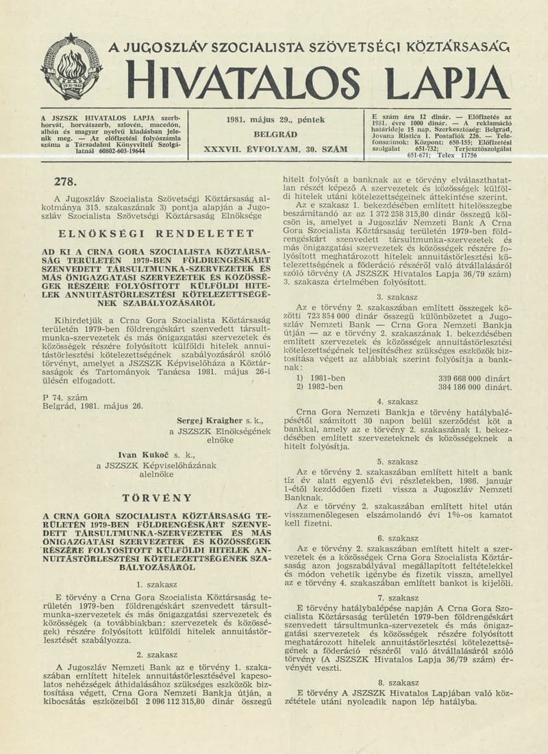 A Jugoszláv Szocialista Szövetségi Köztársaság Hivatalos Lapja, 37. évf. 1981. május 29. 30. sz. 785–816. oldal