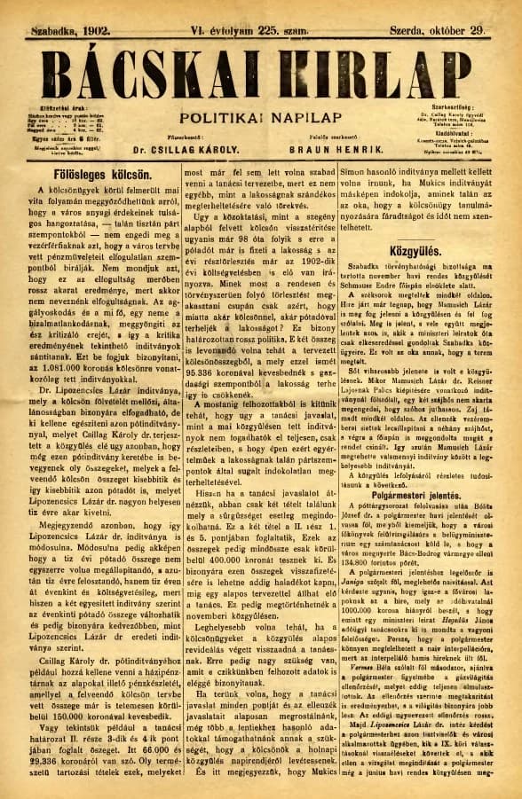 Bácskai Hirlap, 6. évf. 1902. október 29. 225. sz.