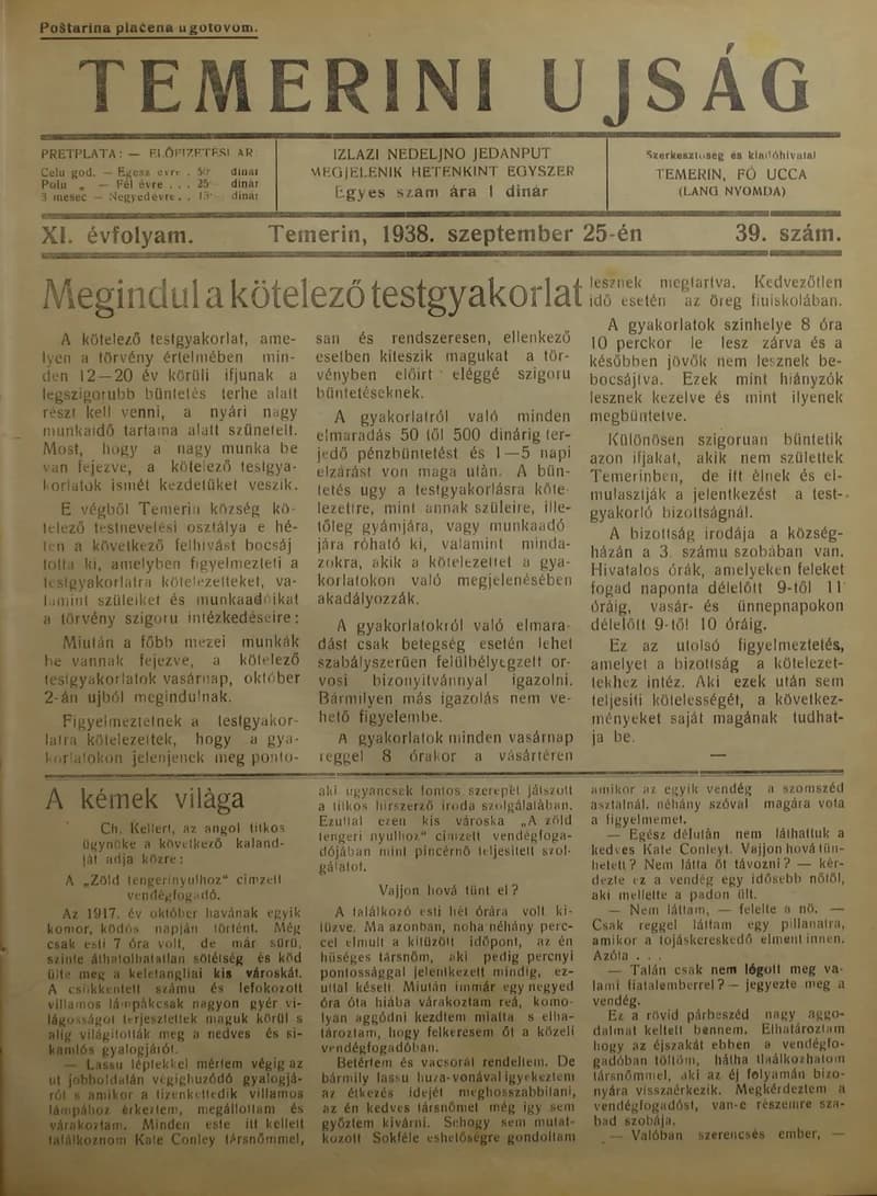 Temerini Újság 1928-1944, 11. évf. 1938. szeptember 25. 39. sz.