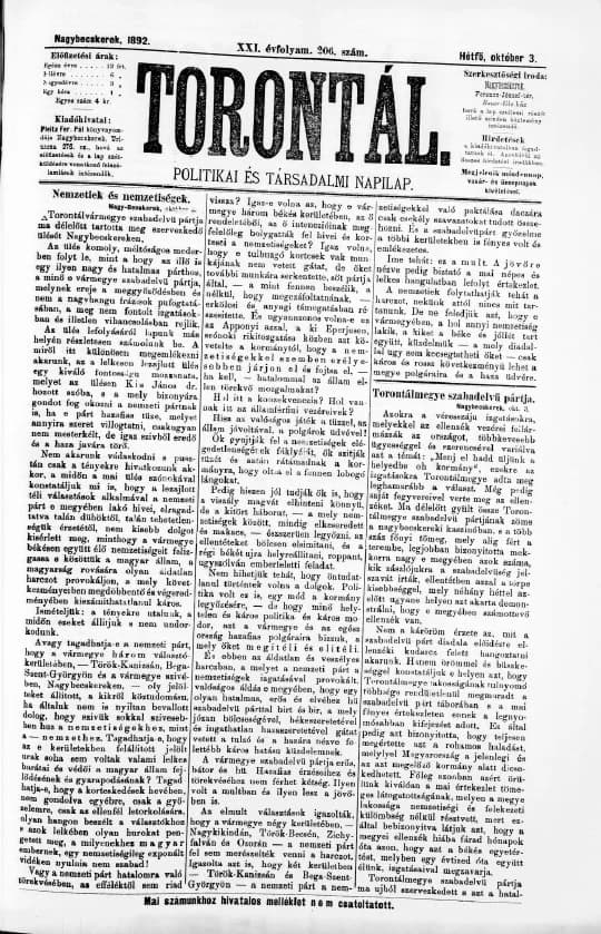 Torontál, 21. évf. 1892. október 3. 206. sz.