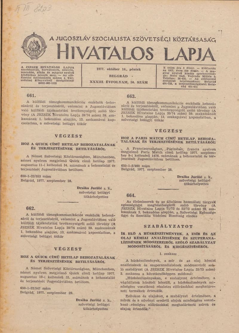A Jugoszláv Szocialista Szövetségi Köztársaság Hivatalos Lapja, 33. évf. 1977. október 14. 50. sz. 1837–1852. oldal