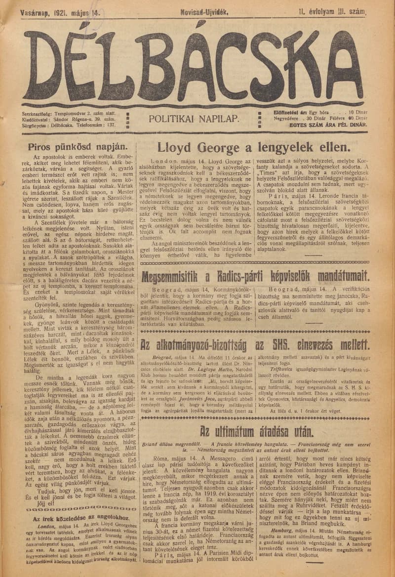 Délbácska, 2. évf. 1921. május 15. 111. sz.