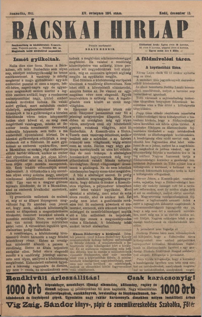 Bácskai Hirlap, 15. évf. 1911. december 12. 284. sz.